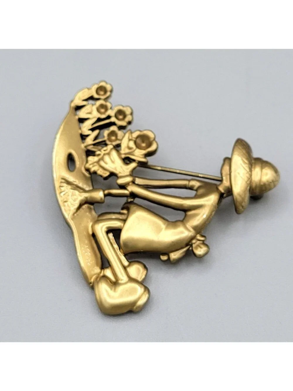Gold Tone Gardening Woman Brooch Lady Kneeling Planting Flowers Vintage
